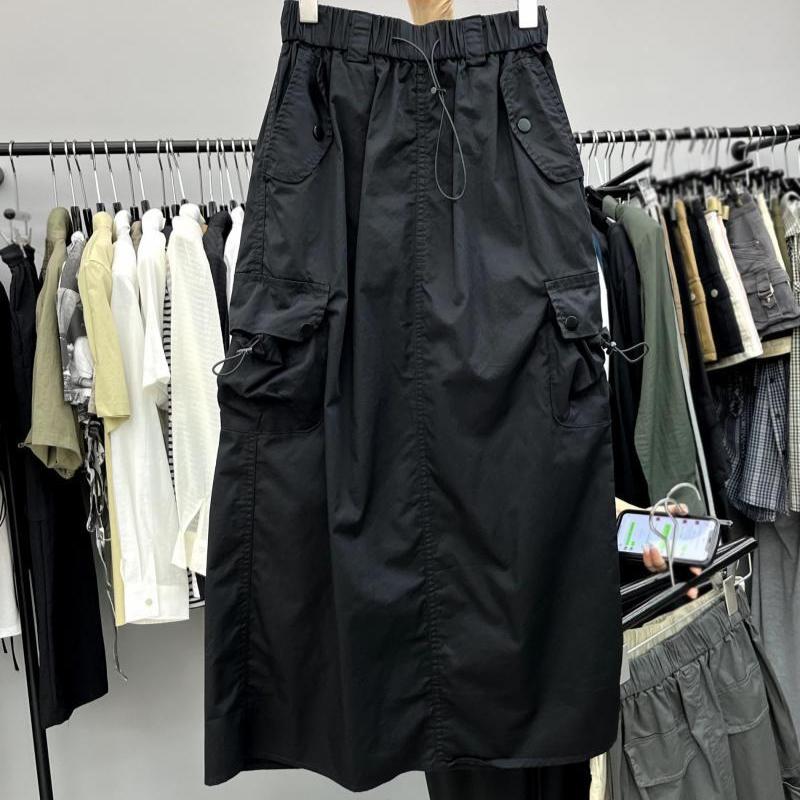 Women's Summer American Vintage Split High-Waist Drawstring Y2K Utility Midi Skirt - Niche Streetwear for Spicy Girls