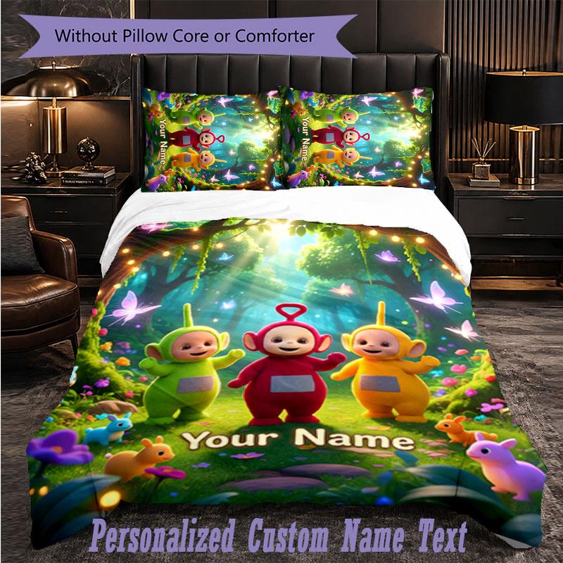 Personalized 3Pcs Bedding SetTeletubbies Custom Text Duvet Cover Pillowcase Set Bedroom Gift