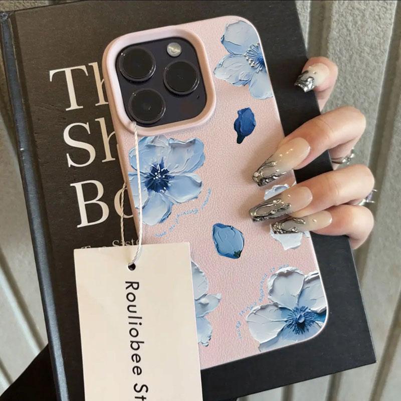 Elegant Blue Oil Painting Flower Phone Case For iPhone 16 Pro Max 15 Plus 14 13 12 11 17 Air XS XR X Faux Leather Cover