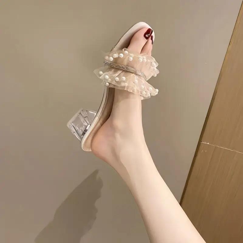 Woman Slippers Medium Heel Lace Shoes for Women On Sale Summer Top Designs 39 Designer Luxury Slides 2025 Slip-resistant Sandals