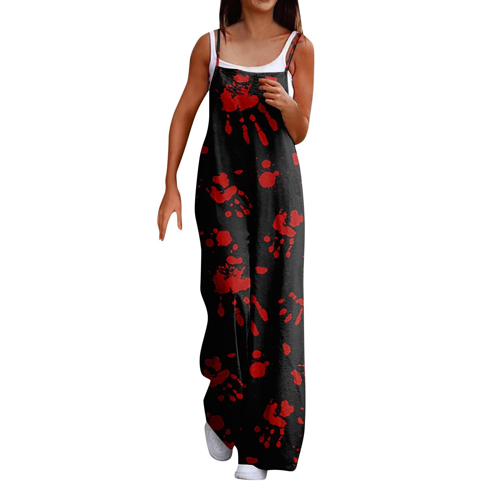 

Широкі комбінезони для жінок. Повсякденний вільний комбінезон без рукавів із принтом і ґудзиками. Довгі брючні комбінезони з кишенями L червоний