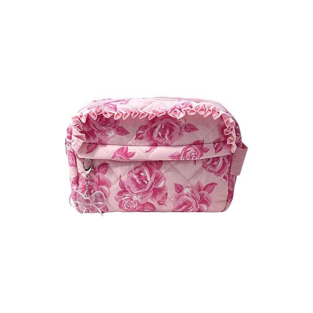 

Large Capacity Floral Makeup Bag Lace Trim Toiletry Case Cosmetic Storage Bag Portable Travel Pink Rose
