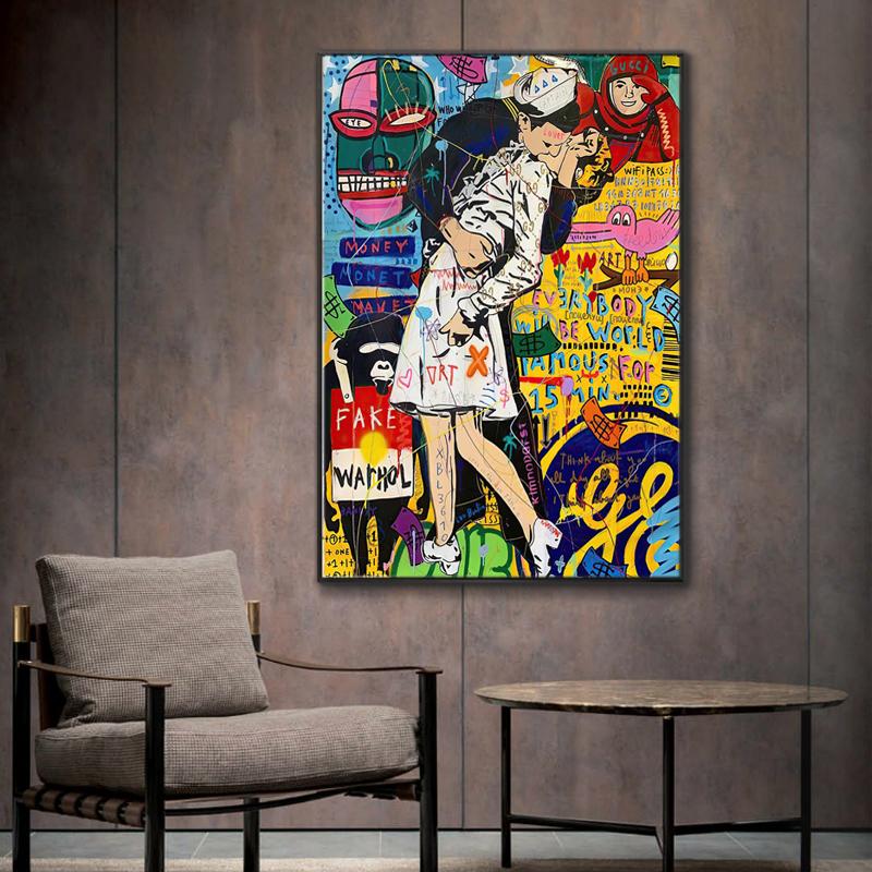 Pictură tipărită pe pânză Graffiti Street Kissing Couple Picture Artă de perete pentru living tablouri Cuadros Home Decor Poster