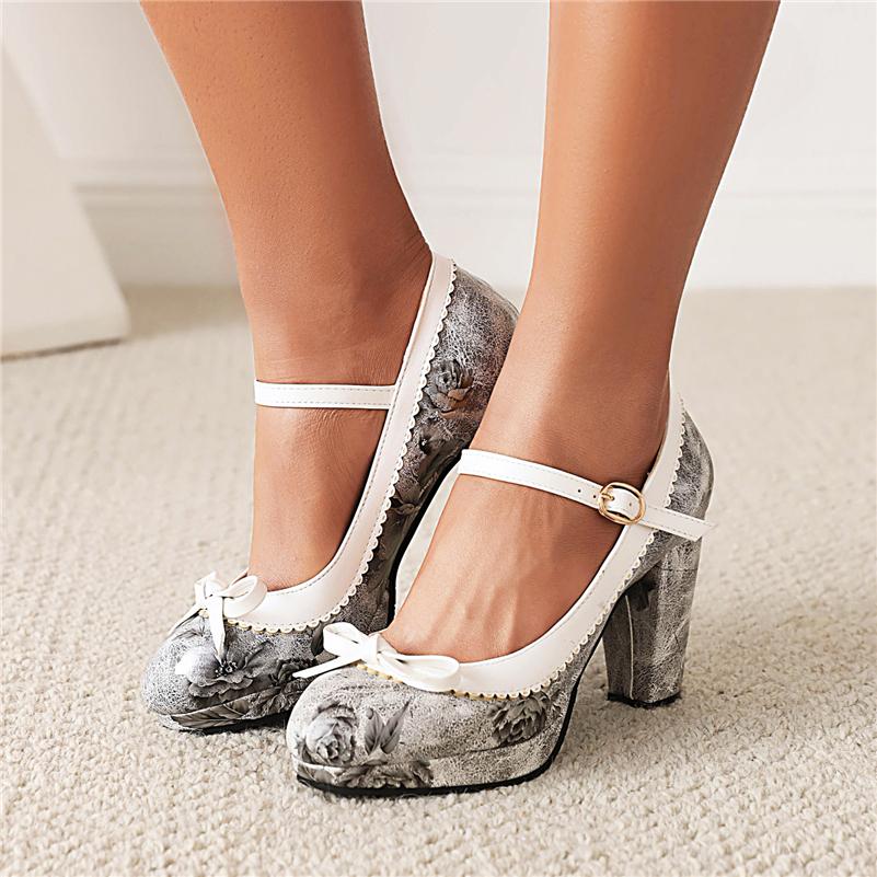 FOREADA Women Mary Janes Pumps Round Toe Thick High Heels Lolita Floral Buckle Bow Glove Shoes Ladies Fashion Shoes Spring Autumn