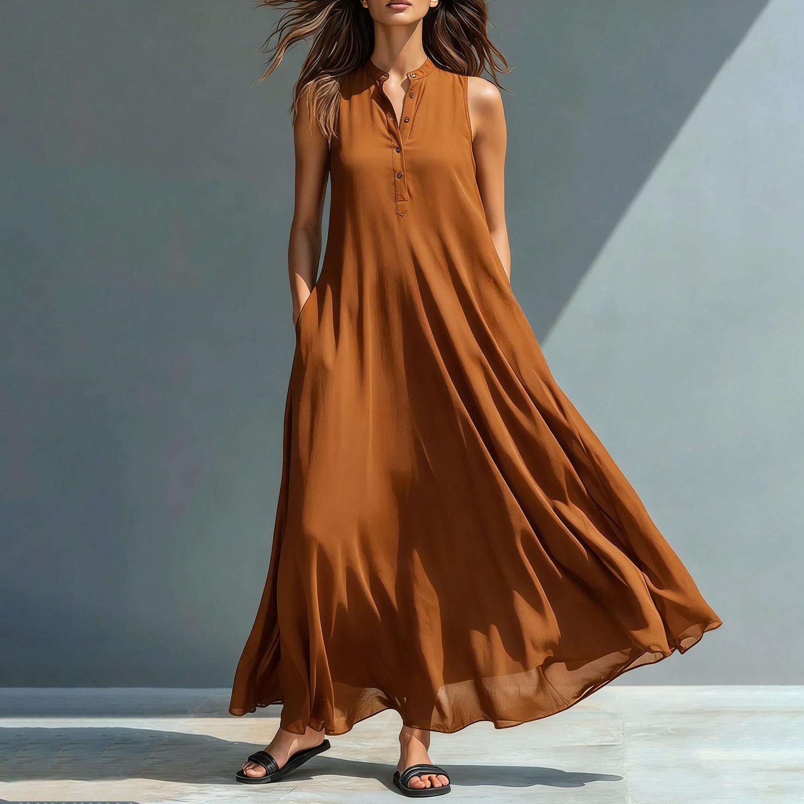 

Women’s Sleeveless Casual Midi Dress Relaxed Fit Flowy Tank Dress with Buttoned Neckline and Side Pockets for Everyday Wear M коричневый