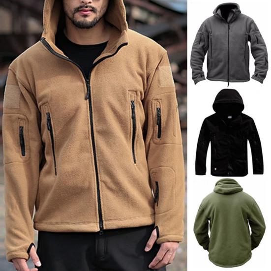 Men Jacket Solid Color Hooded Long Sleeve Fleece Slim Multi Pockets Windproof Hoodie for Outdoor