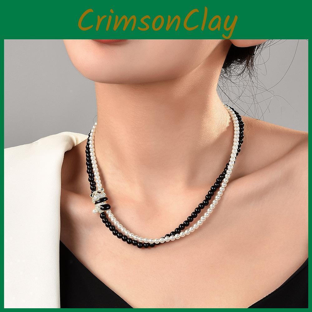 Vintage Inspired Black And White Crystal Pearl Choker Necklace Featuring Adorable Panda Charm