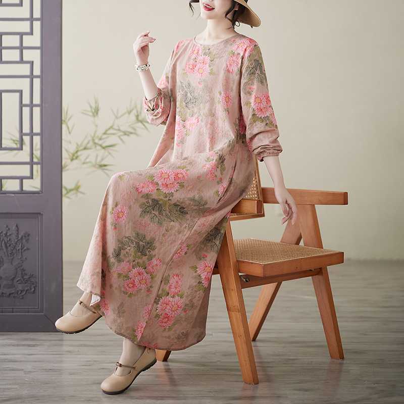 

Платья для отпуска с круглым вырезом и принтом, свободные, большого размера, с длинным рукавом 3XL