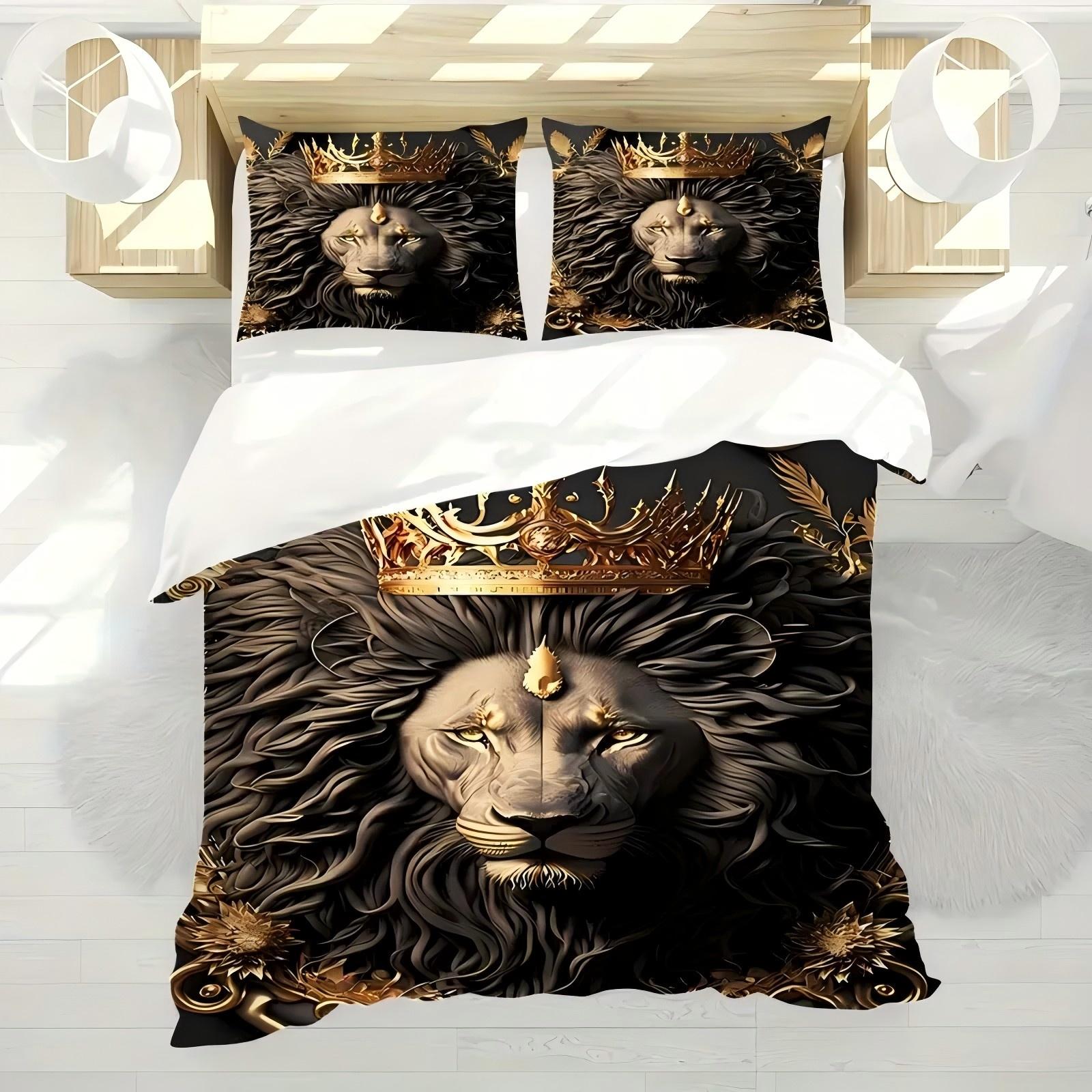 

Crown Lion Pattern 3D Print Duvet Cover Breathable Soft Comfortable Luxury Bedding Set Wildlife Theme Quilt Cover 135x200cm 2pcs