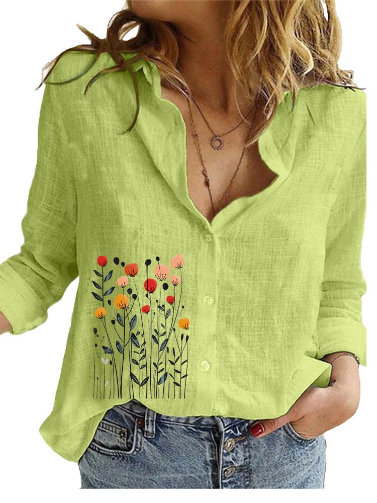 Γυναικείο Μόδας Βαμβακερό Λινό Μπλουζάκι Γυναικείο Casual Φαρδύ Τοπ Γυναικείο με Σχέδια Μακρυμάνικο Πουκάμισο