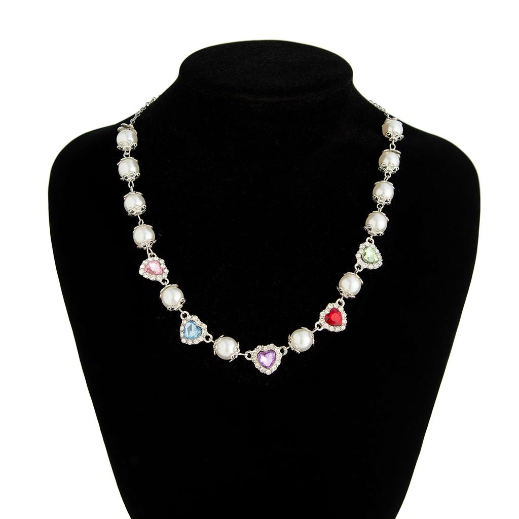Hip-Hop Colorful Diamond Heart Pearl Splicing Necklace for Men Fashionable Personality Men's Collarbone Chain