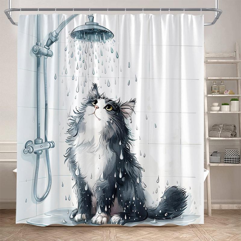 Funny Cartoon Bathing Cats Shower Curtains Cute Animals Pet Cat Kids Bath Curtain Polyester Children Bathroom Decor With Hooks