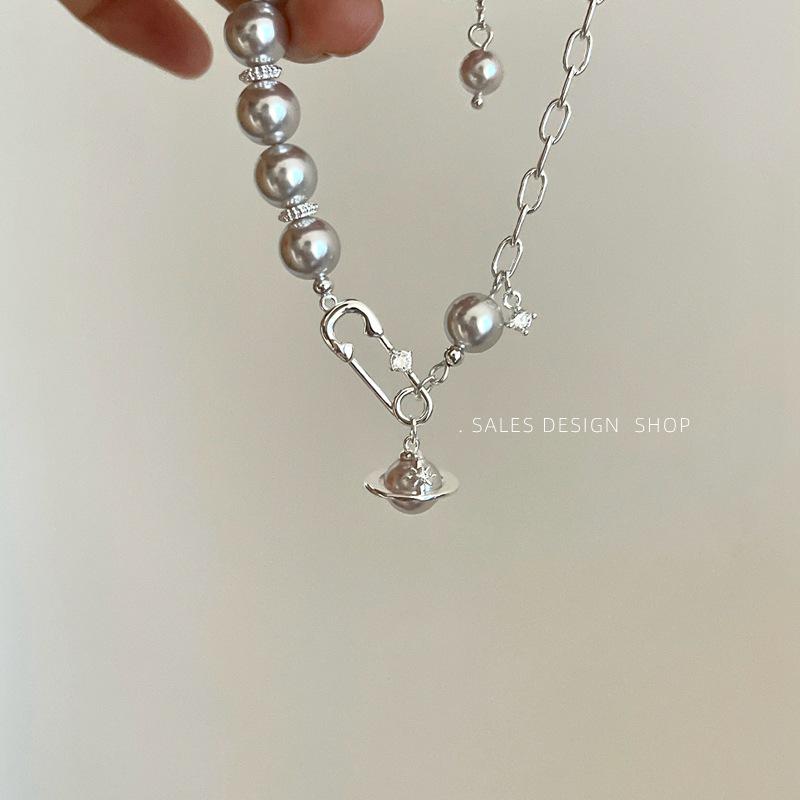 Elegant French Retro Saturn Bracelet & Beaded Brooch Set for Women