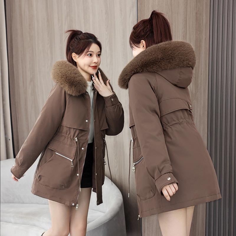 Women's new mid-length fur collar hooded cold lightweight thickened padded warm loose high quality fabric casual sports cotton clothing