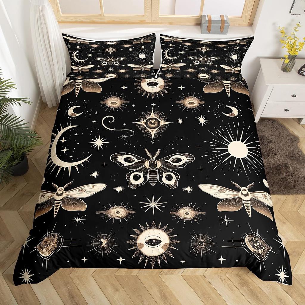 Gothic Moth Duvet Cover Set Queen Twin SizeDreamy Butterfly Animal Rustic Leaves Bedding SetExotic Starry Moon Sky Quilt Cover