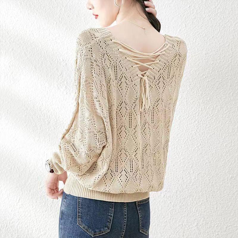 women hollow out knit sweater v neck long sleeve loose fit casual pullover