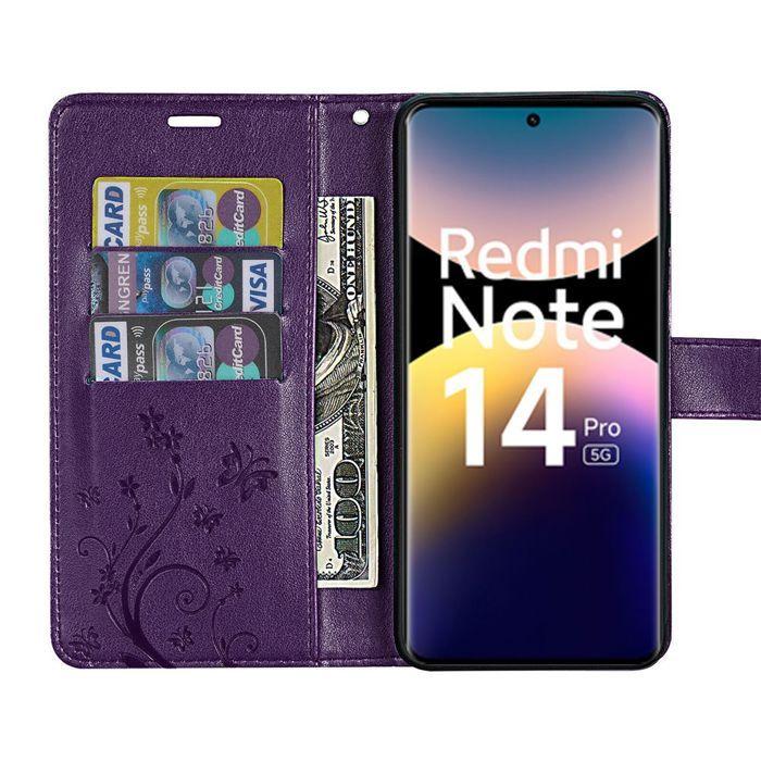 Coque et Verres Trempés Pour Xiaomi Redmi Note 14 Pro 5G - Cuir Synthétique - Motif Papillon - Violet Nuit