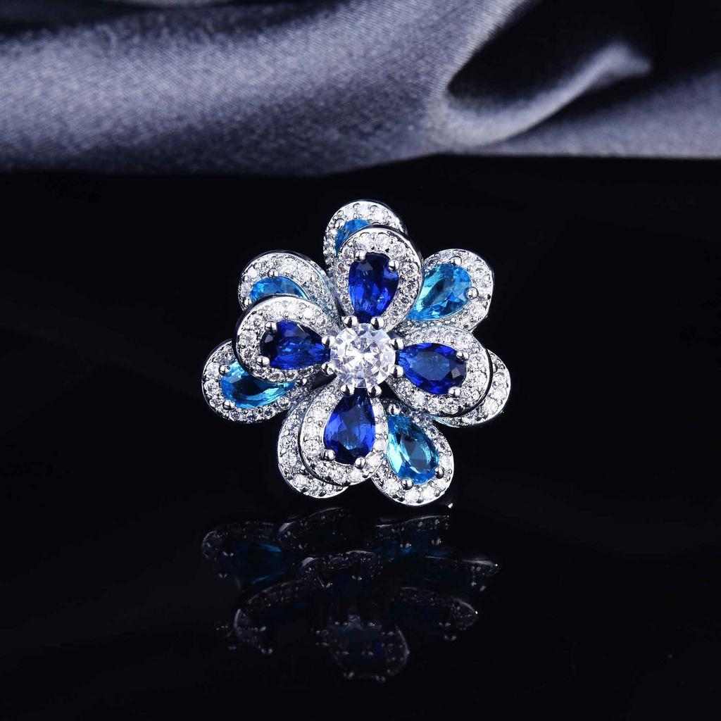 Temperament Color Zircon Flower Set, Needle Earrings, Simple Three-Dimensional Camellia Pendant, Open Ring.