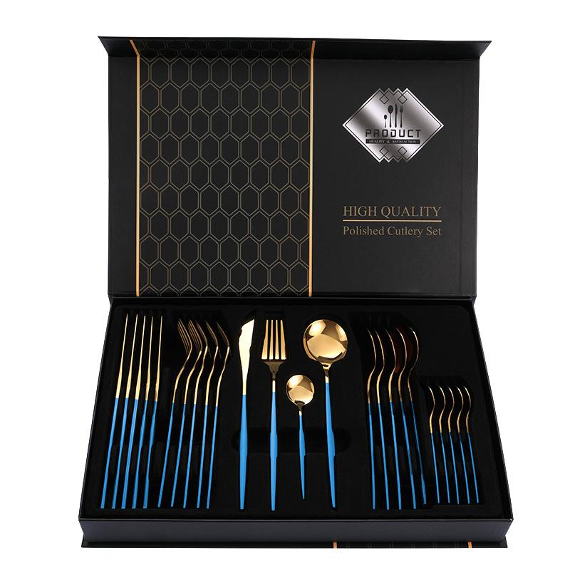 24pcs Gold Dinnerware Set Stainless Steel Steak Knife Fork Coffee Spoon Teaspoon Flatware Dishwasher Safe Kitchen Tablewar