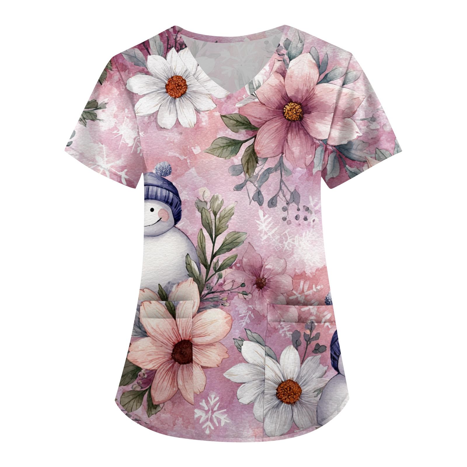 

Женская рабочая униформа с принтом, V-образный вырез, карманы, базовый короткий рукав, пуловер, топ S розовый