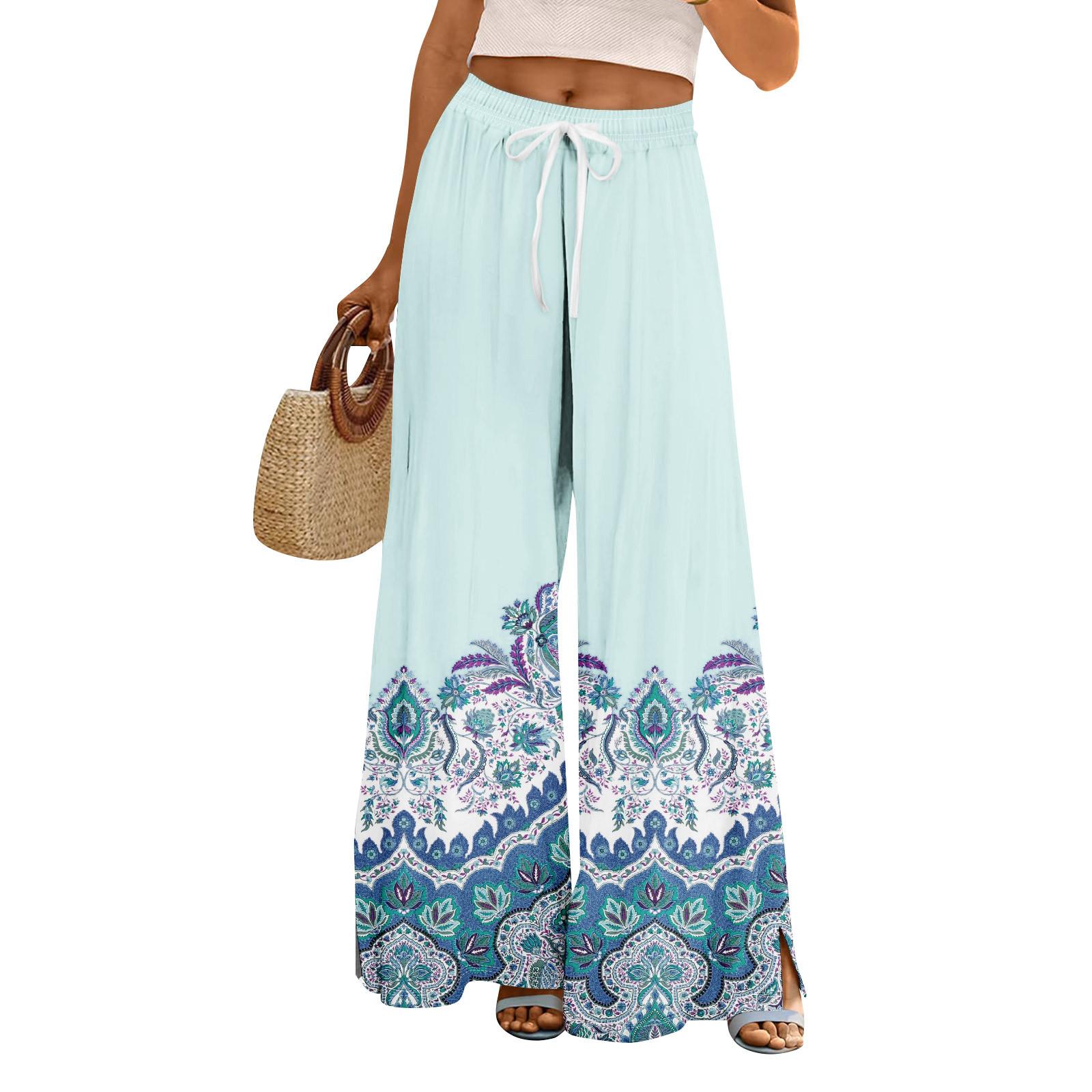 

Женские летние брюки-палаццо в стиле бохо с высокой талией, широкие повседневные брюки с цветочным принтом и карманами XXL