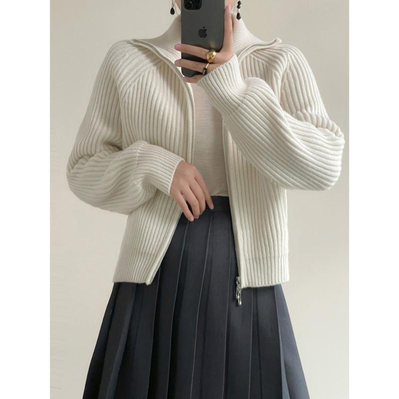 Lapel Double Zipper Sweater Jacket for Women's Autumn and Winter New Gentle Wind Soft Waxy Stand-up Neck Knitted Cardigan Top for Women