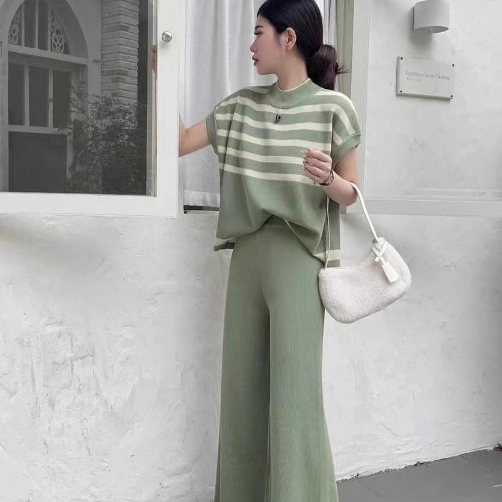 Simple High-end Fashion Niche Striped Knitted Vest Top Fashion Slim-fitting Wide-leg Pants Women