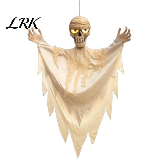 Voice Triggered Scary Prop Halloween Hanging Mummy Decoration with Sounds, 31.5 Inch Activated Creepy Home Ornament Glowing Skull Eyes for Haunted