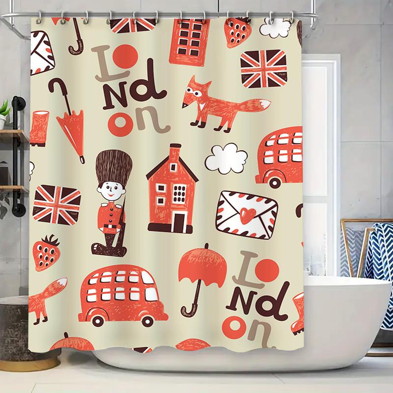 

Vintage London-themed bath curtains featuring Union Jack flags, red buses, foxes, and other iconic British elements for a classi 90x180cm