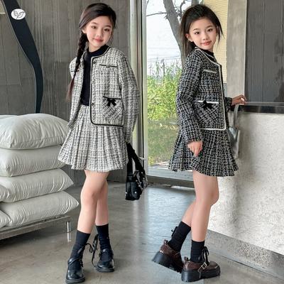 Costume Petit Parfum pour Filles, Veste à Carreaux Style Occidental Printemps, Jupe Plissée, Costume Deux Pièces, Princesse pour Grands Enfants