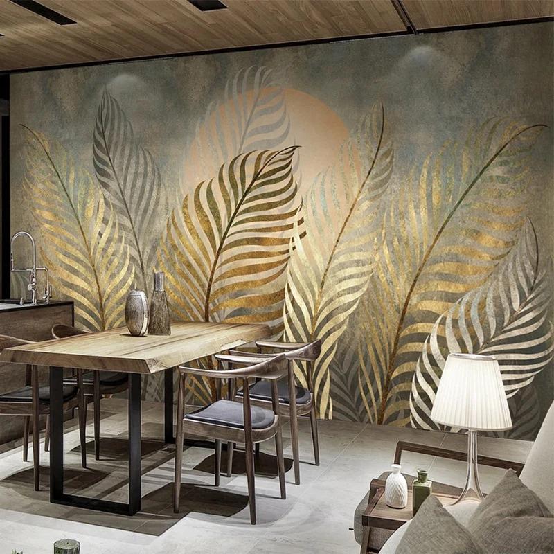 European Style 3d Murals Creative Retro Golden Leaf Wallpaper Restaurant Cafe Background Wall Paper Home Decor