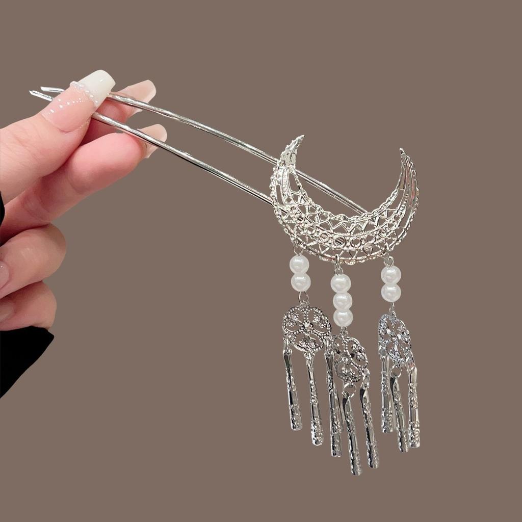 1pc Silver Moon Hair Stick Intricate Filigree Design Pearl Tassel Charms Perfect Gothic Celestial Hairstyles Unique Personality