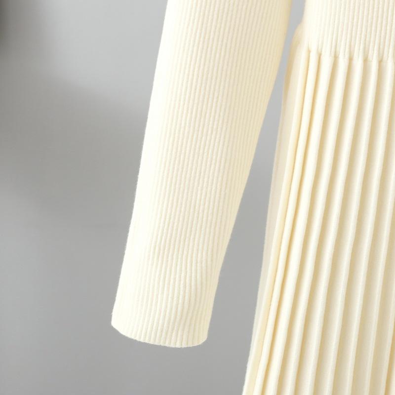 Women Autumn Winter High Neck Solid Color Long Sleeve High Waist Thicken Pleated Knitted Sweater Dress