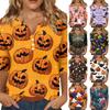 Women's Halloween Print V-Neck Short Sleeve T-Shirt with Decorative Buttons for Casual Fall Outfits