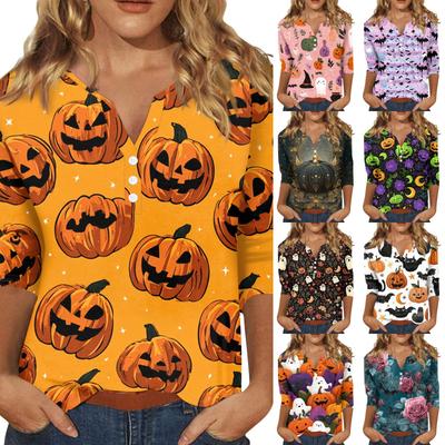 Women's Halloween Print V-Neck Short Sleeve T-Shirt with Decorative Buttons for Casual Fall Outfits