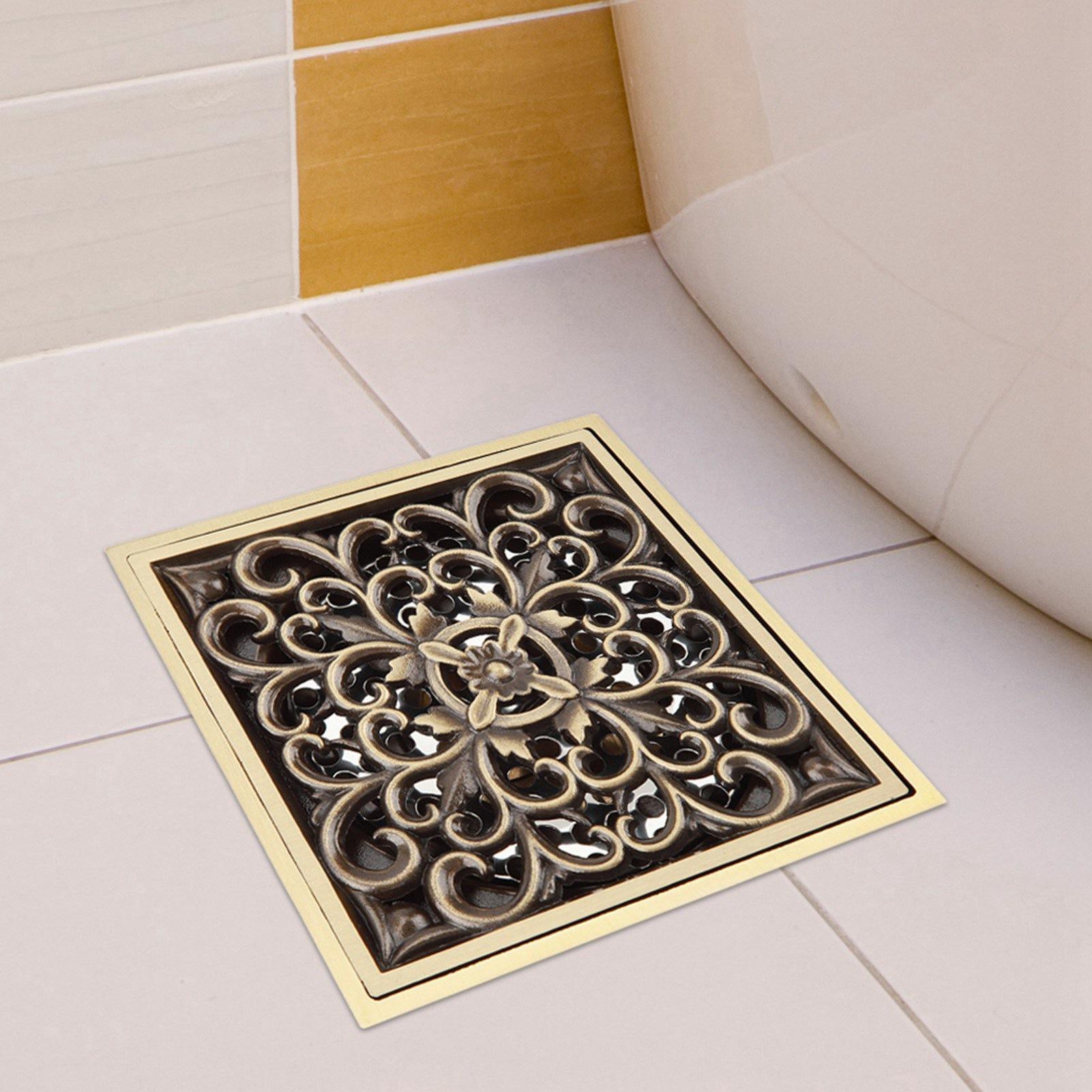 

Antique Brass 10cm Shower Floor Drain Bathroom Waste Drain Strainer Cover Grate Antique vine flowers