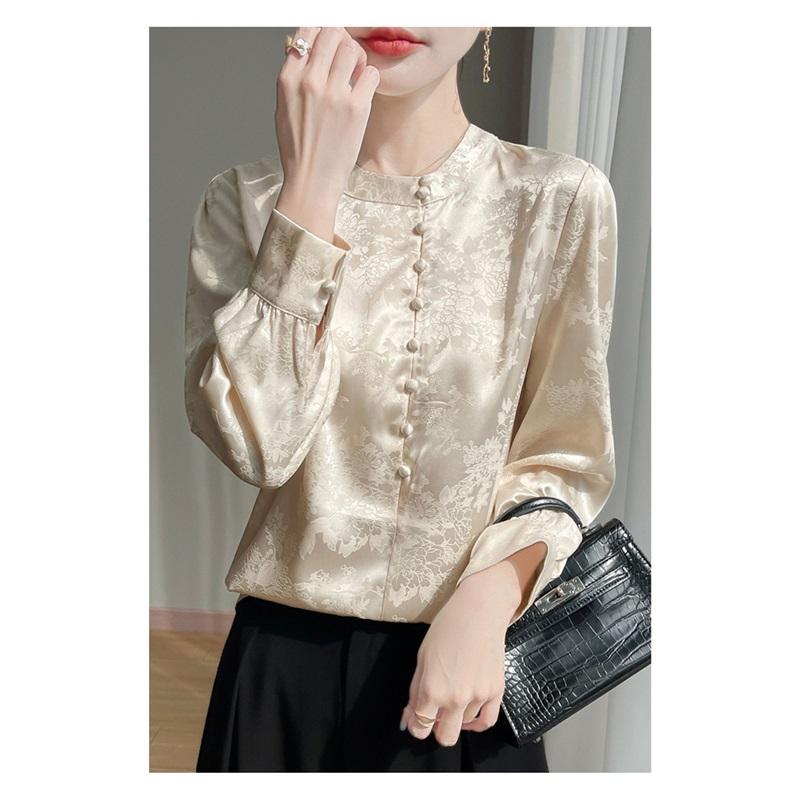 Cămașă din Mătase Jacquard Satin Chinezesc Pentru Femei Primăvară Vară Nouă Top Bluză Elegantă și Confortabilă cu Mânecă Lungă și Gât Rotund