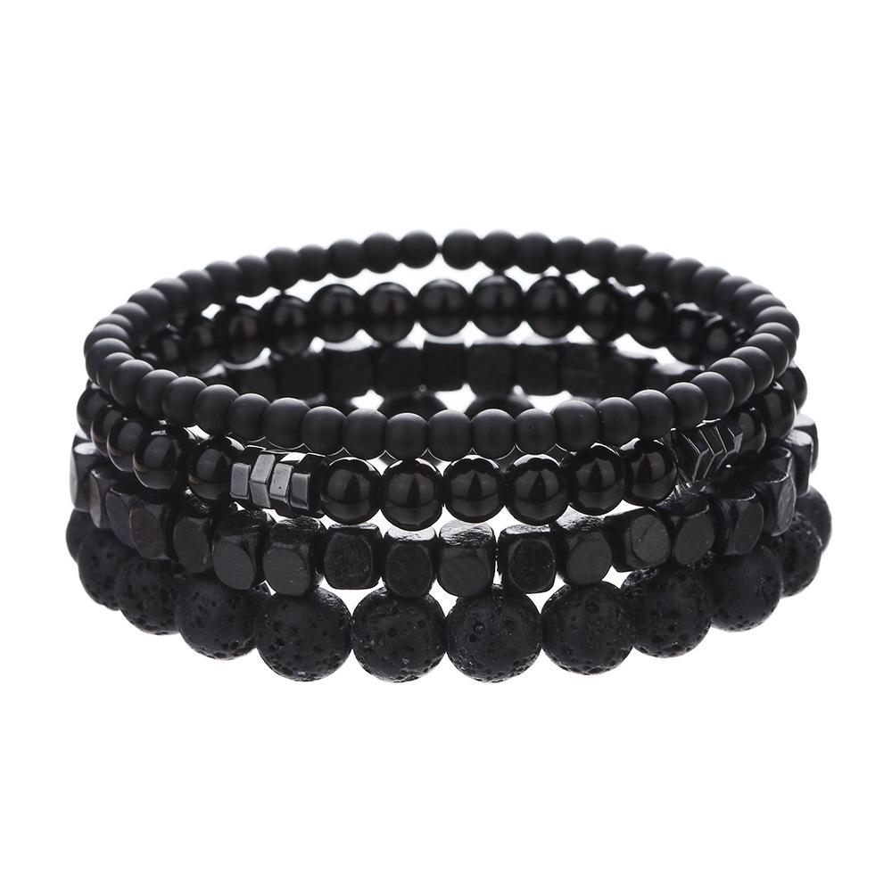 4PC Fashion Black Gallstone Volcanic Stone Wood Bead Multi layer Men's Combination Elastic Bracelet Couple Friends Jewelry