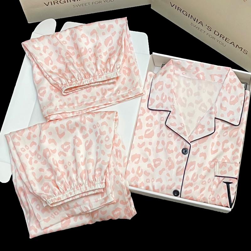 Cartoon Cute Cats Print Three-piece Women's Pajamas Casual Fashion Short Sleeve Lounges  Spring Lady Homewear