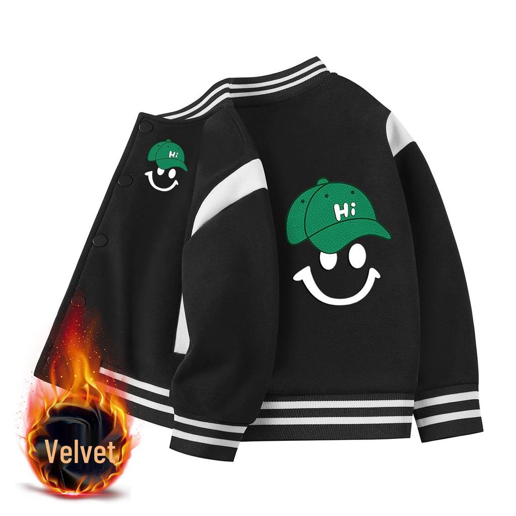 2026 Boys' Korean Style Velvet Baseball Jacket - Autumn/Winter Casual Top