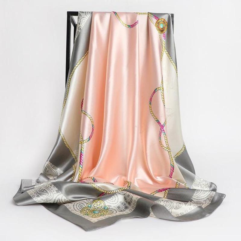 1Pc Women Silk Scarf Square  Design Brand Headband Female Satin Hijab Shawl Wrap Kerchief Chain Print