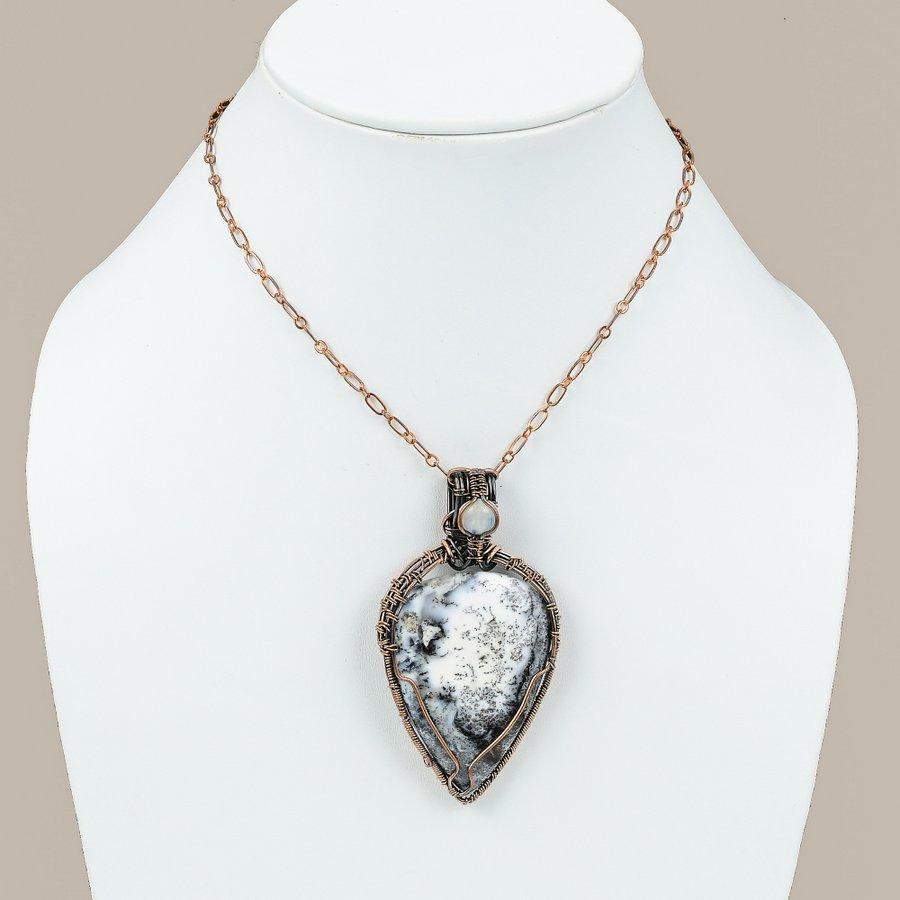 Natural Dendrite Opal, Moonstone Gemstone Copper Wire Wrap Pendant 2.96" l7N20