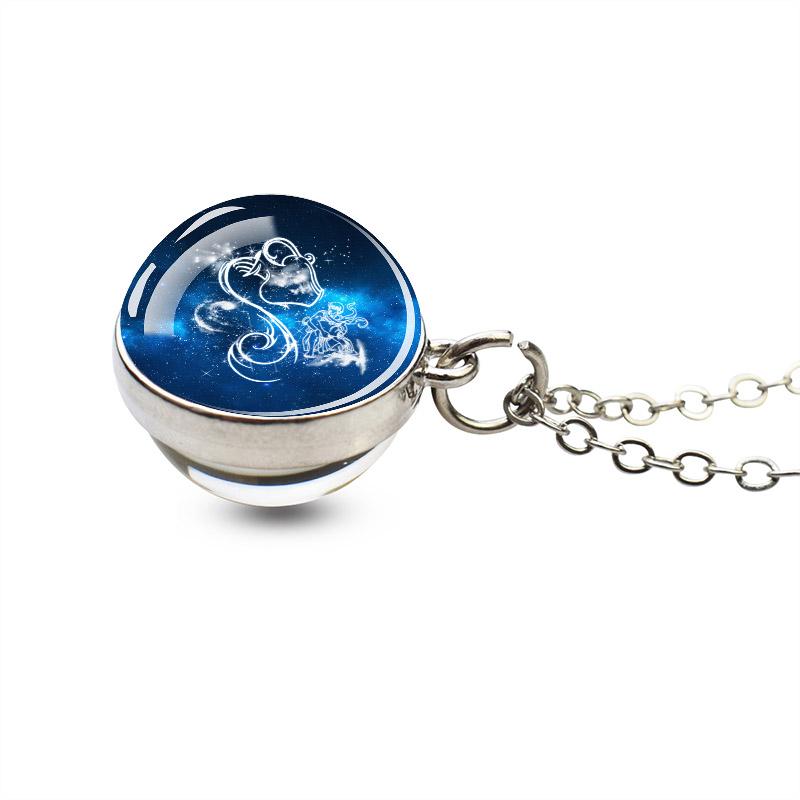 12 Constellations Double Side Glass Ball Silver Plated Necklace Jewelry Pendant Accessories Women Birthday Gift