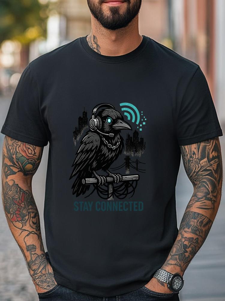 Футболка Stay Connected с киберпанк-вороном и наушниками, графическая футболка, уличная одежда, унисекс футболка XXL