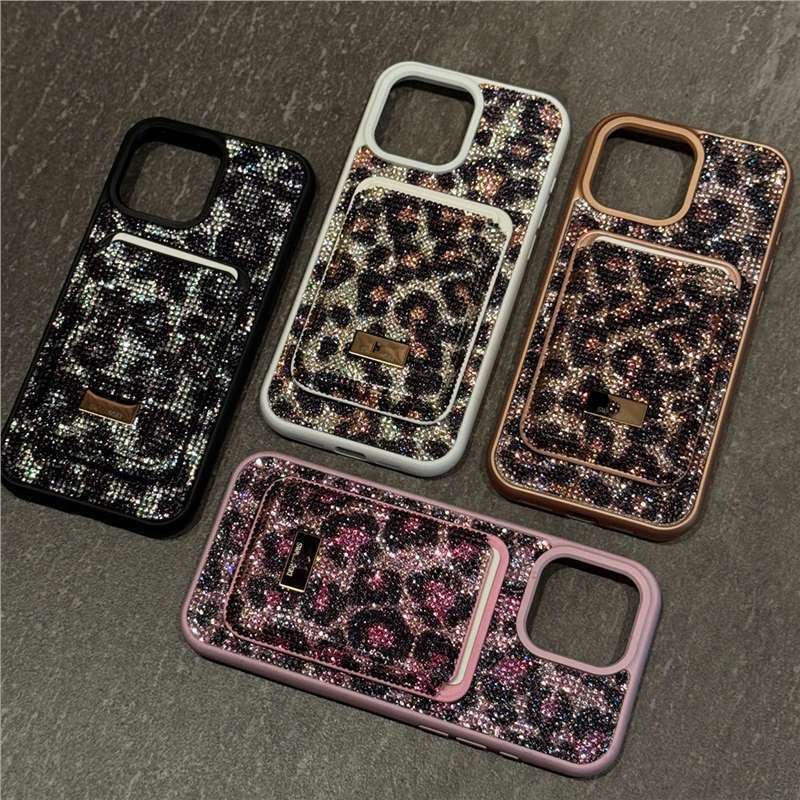 Luxury Rhinestone Phone Case For iPhone17Air 13 14 15 16 Pro Max Glitter Crystalline For Magsafe Card Holder Shockproof Protect Leopard Cover