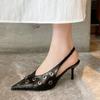 Fashion Sexy Black Pointed Toe Pumps Women Fashion Hollow Metal Decoration Brand Designer Shoes Elegant Thin Heel Slingback Dress Shoes