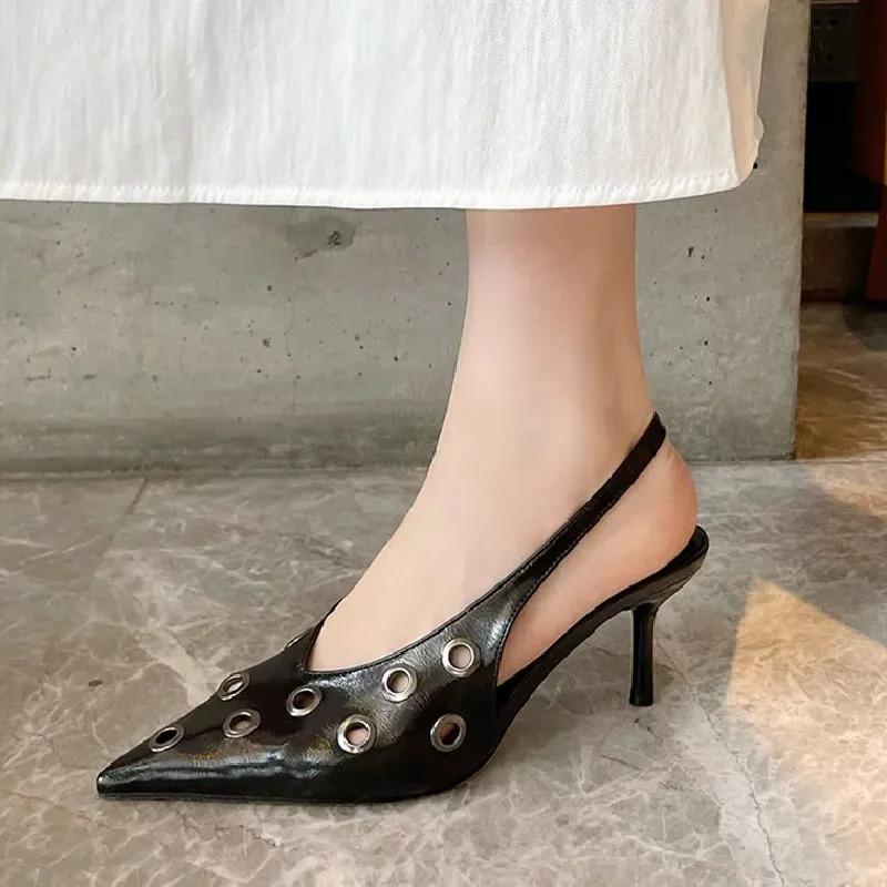 Fashion Sexy Black Pointed Toe Pumps Women Fashion Hollow Metal Decoration Brand Designer Shoes Elegant Thin Heel Slingback Dress Shoes