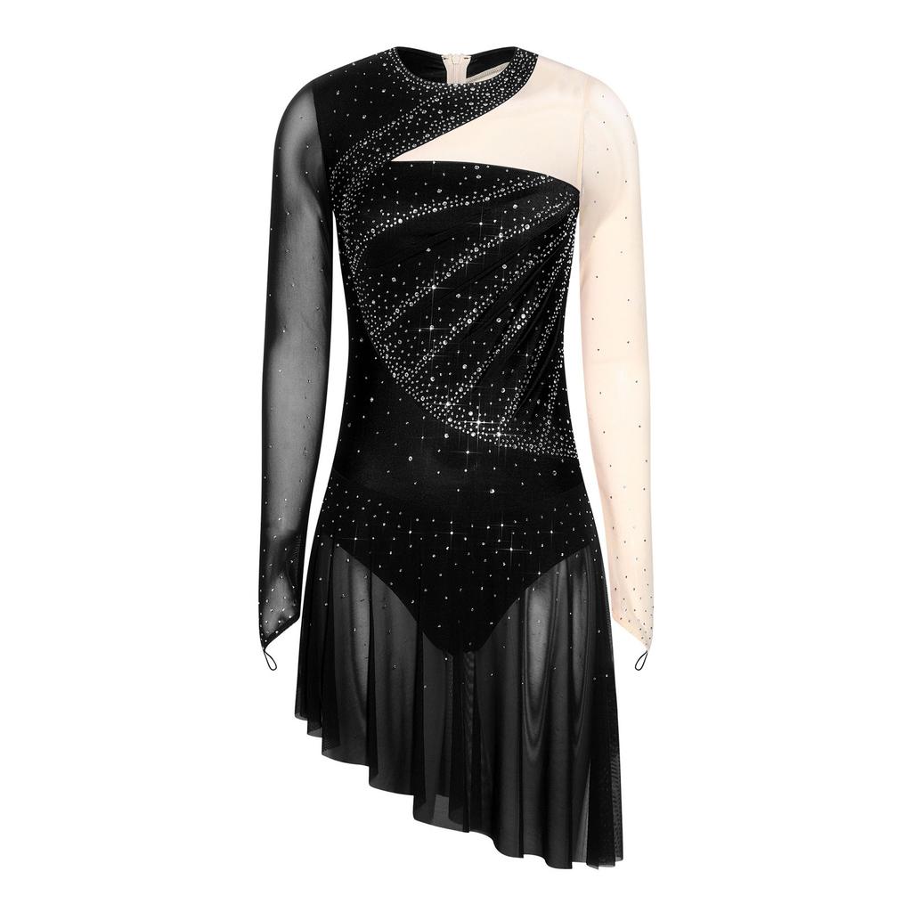 Womens Figure Skating Costume Rhinestone Mesh Long Sleeve Chest Pleats Irregular Hem Bodysuit Dress