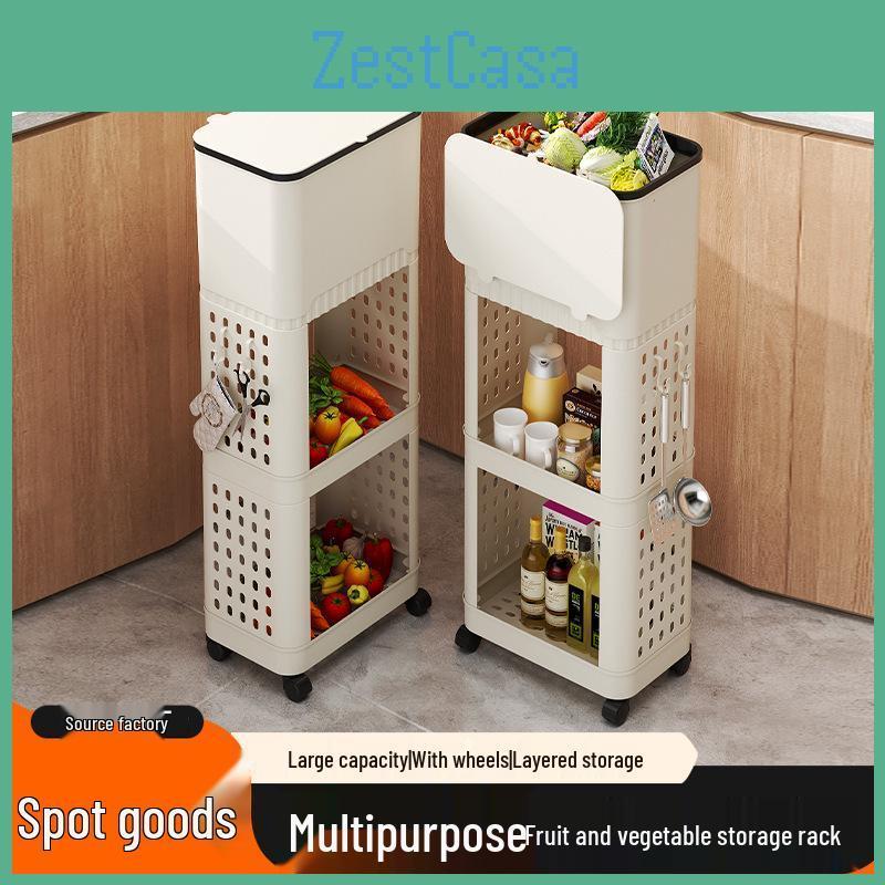 Can Kitchen Multilayer Trash Snack Storage Rack With Lid Wheels