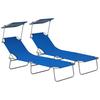 Folding Sun Lounger Set of 2 with Canopy, Reclining Sunbed with 4-Position Adjustable Backrest, 600D Oxford Cloth